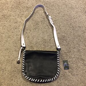 NEW NARDELLI BLACK ITALIAN LEATHER Crossbody Handbag Bag Purse WHITE CORD Z22